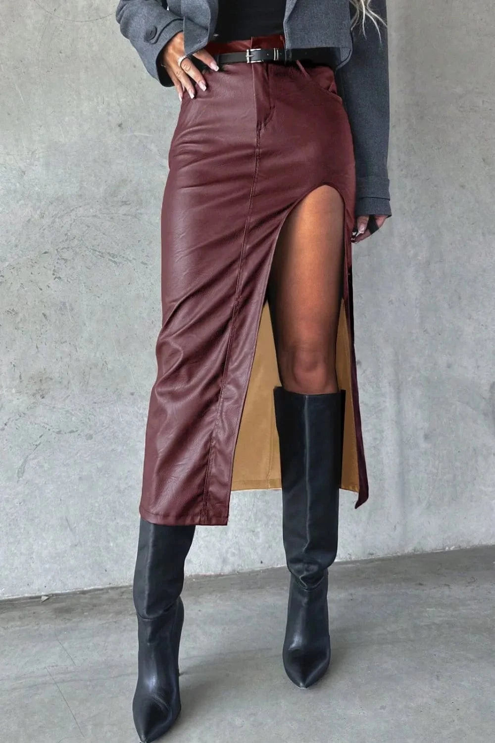 Trendsi Burgundy / S Slit Midi Skirt with Pockets