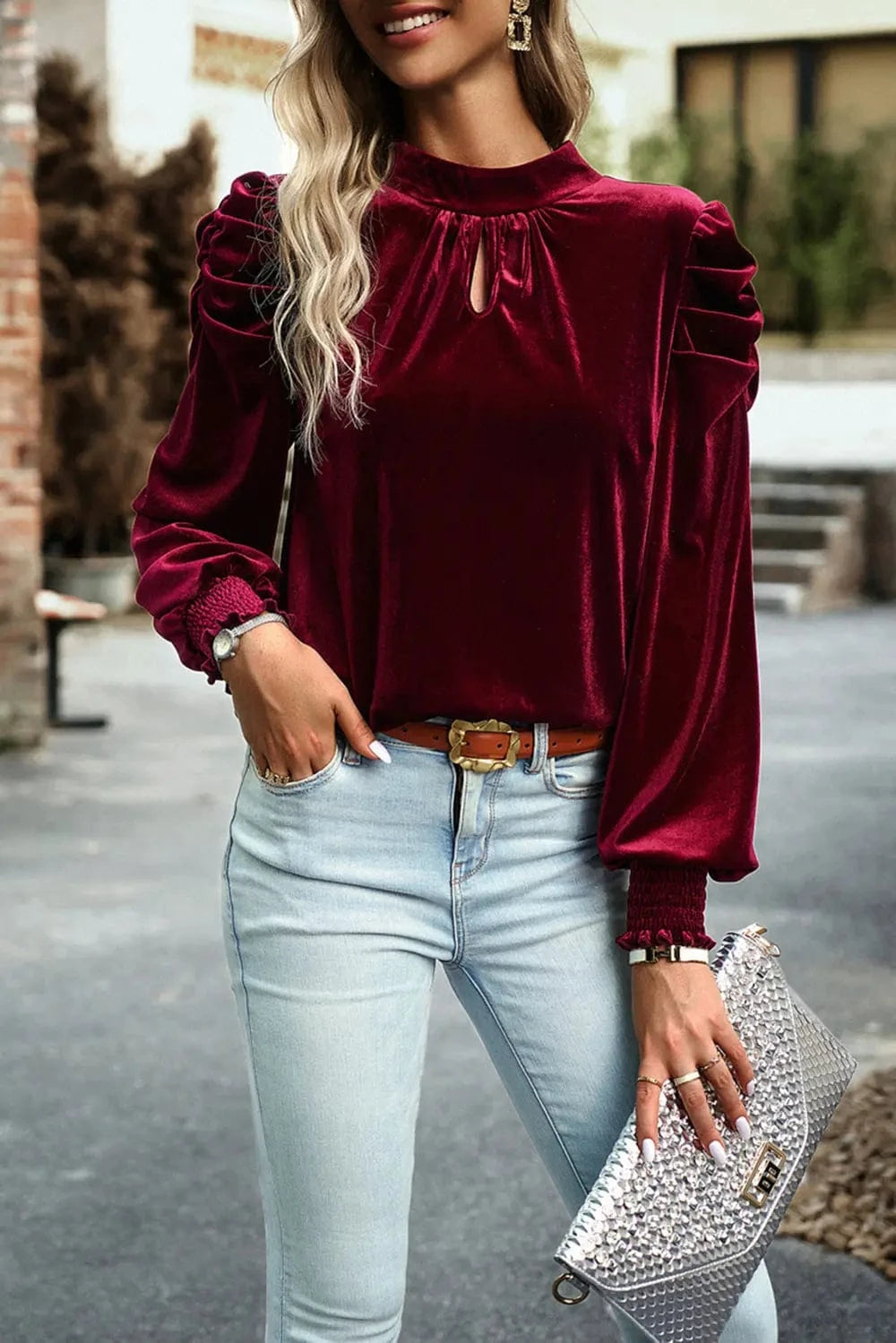 Trendsi Burgundy / S Tie Up Mock Neck Velvet Fabric Long Sleeve Blouse
