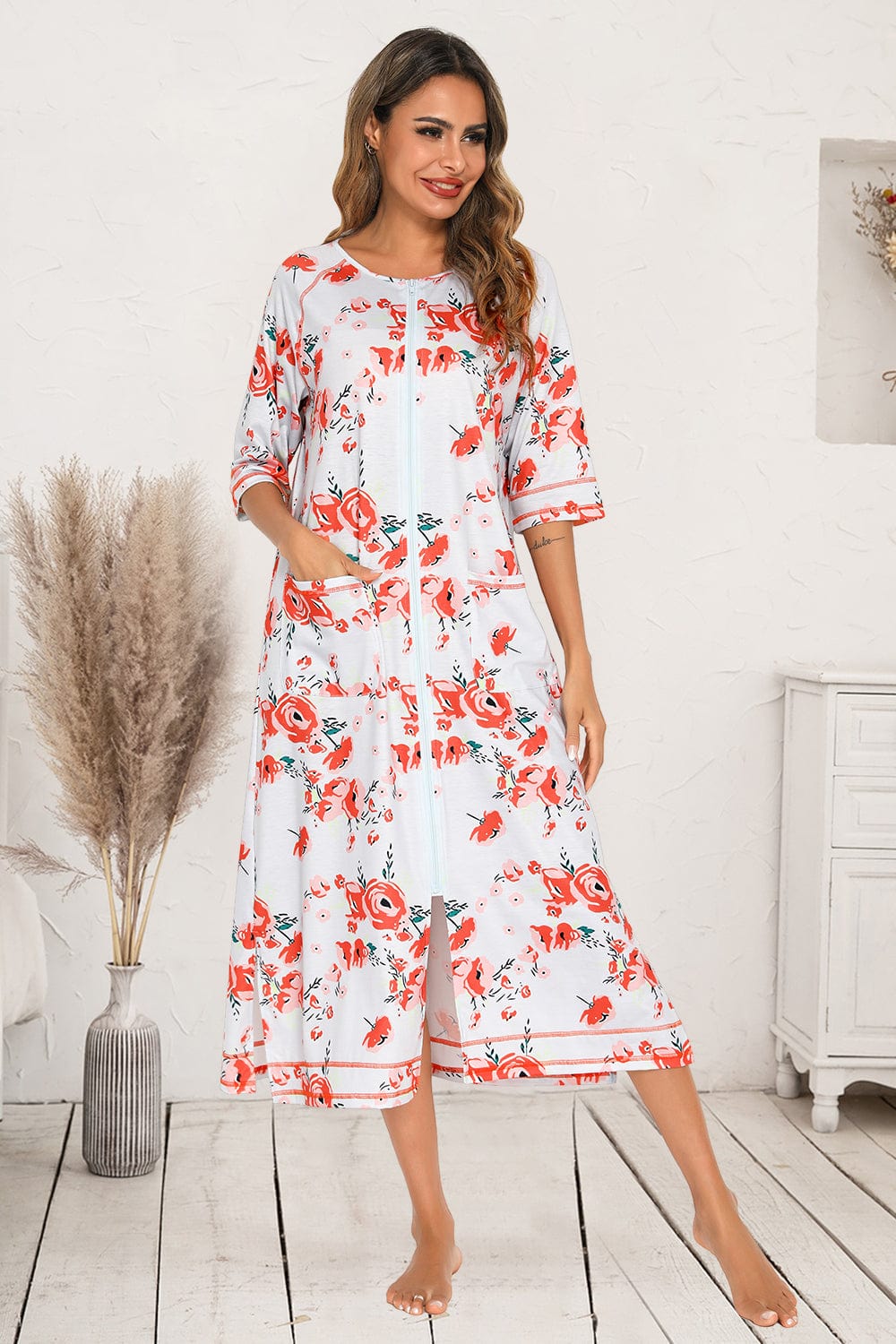 Trendsi Burnt Coral / S Printed Slit Night Dress with Pockets