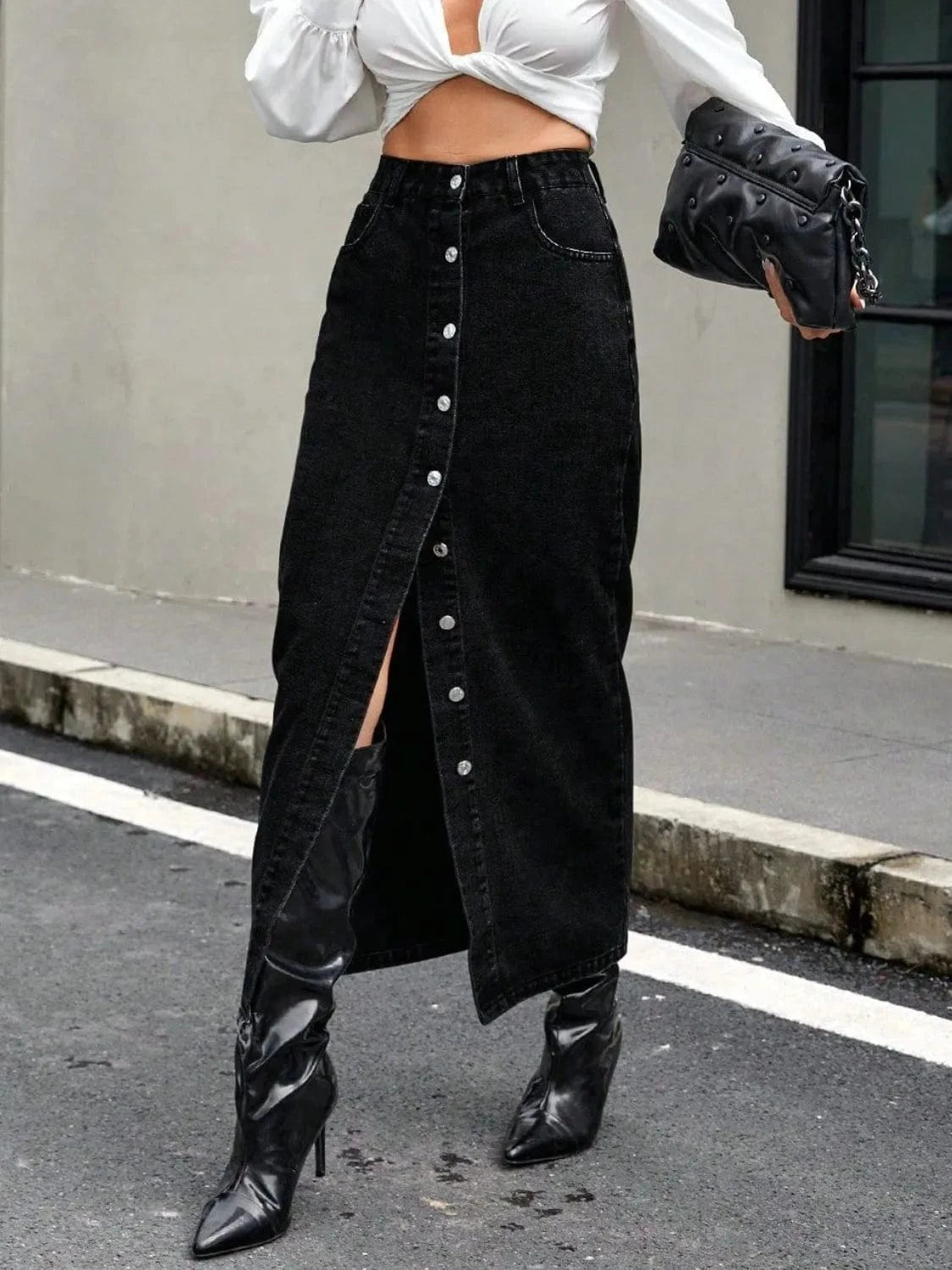 Trendsi Button Front Denim Skirt