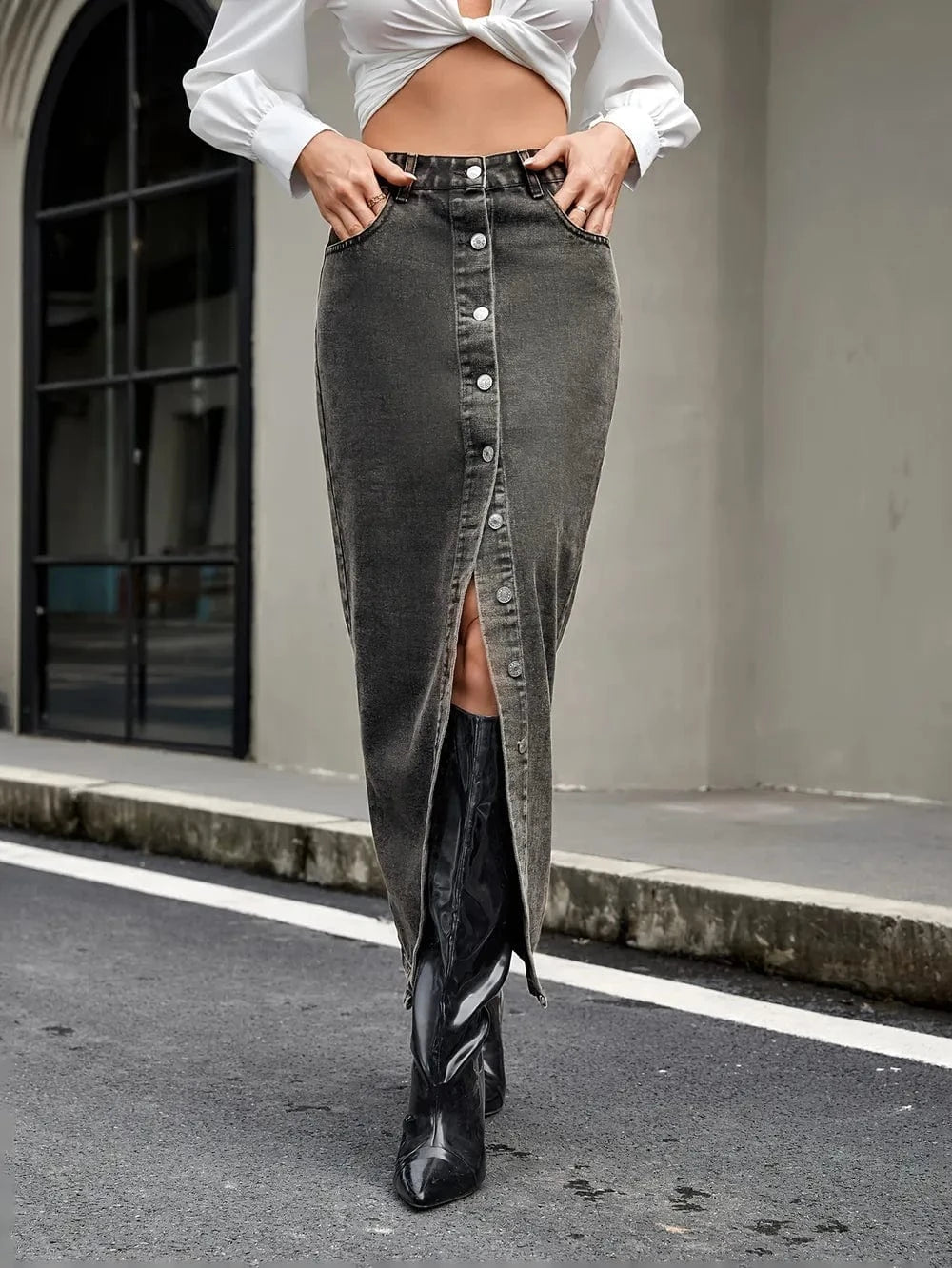 Trendsi Button Up High Rise Denim Skirt