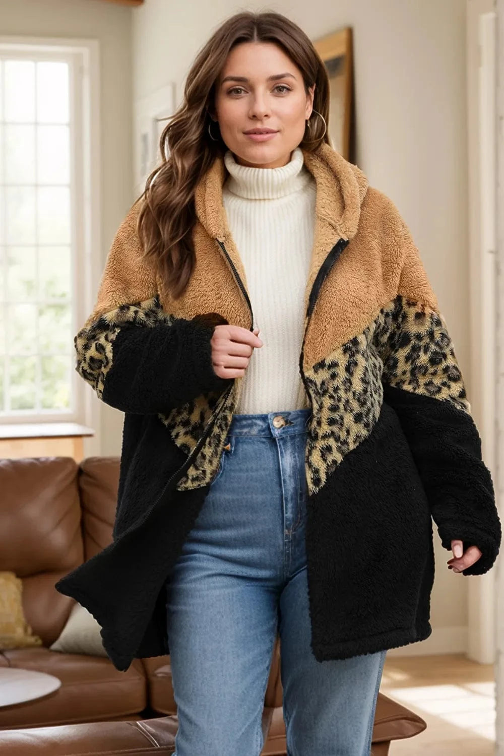 Trendsi Camel / 1XL Plus Size Leopard Zip Up Hooded Outerwear
