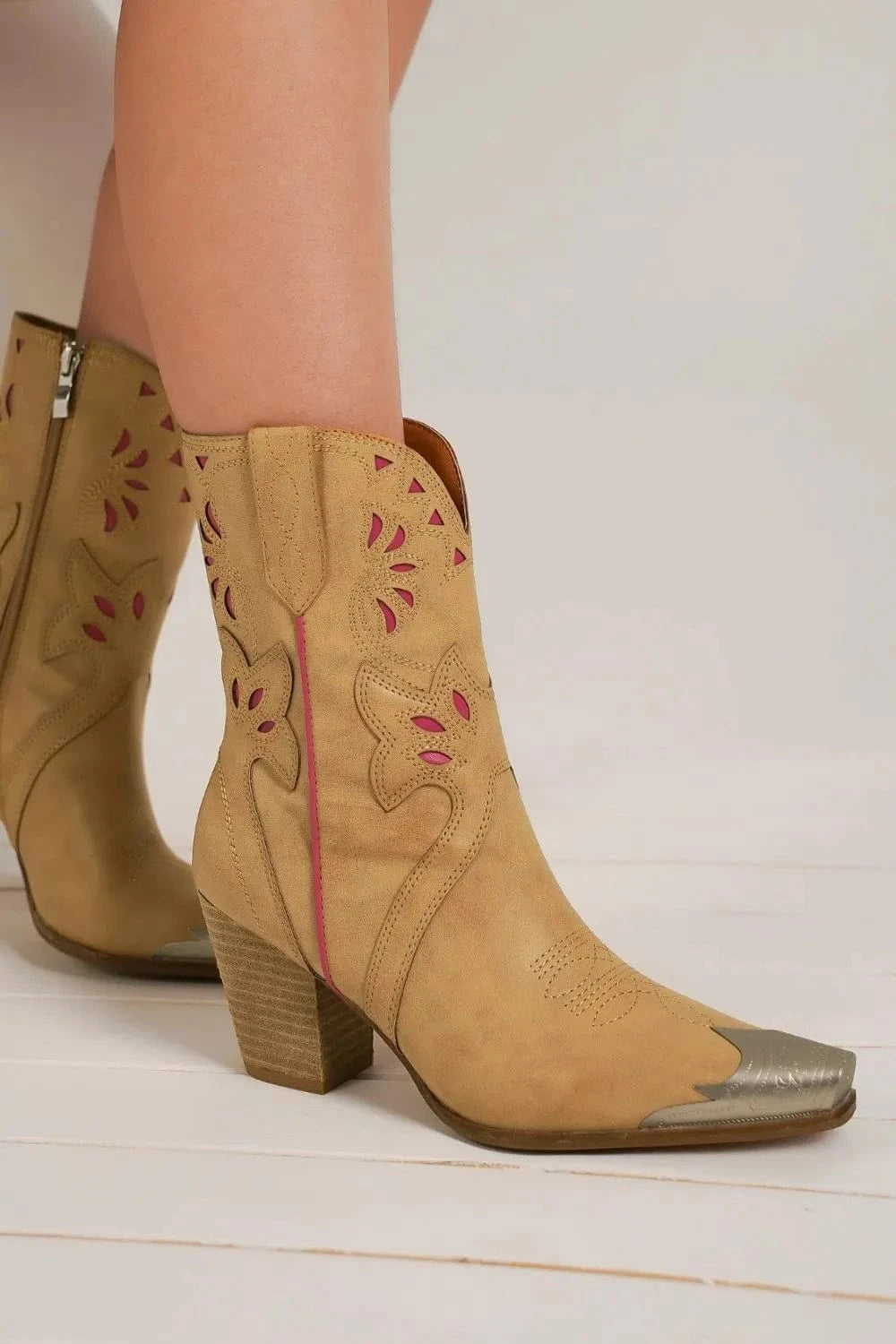 Trendsi Camel / 5.5 Beast Fashion Cut-Out Floral Embroidery Boots