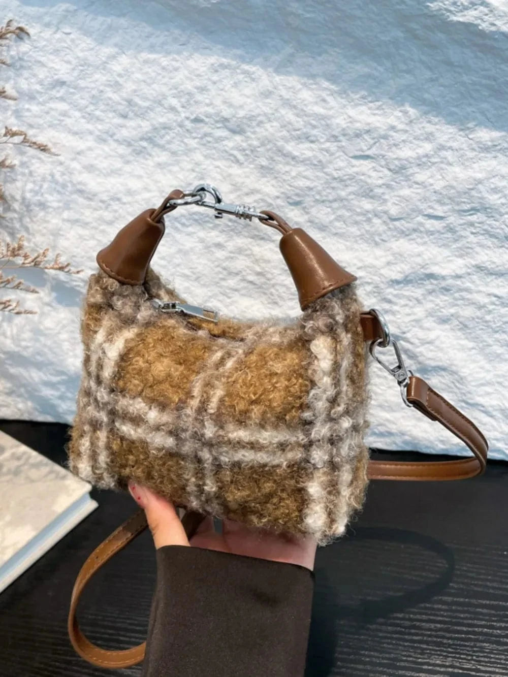 Trendsi Camel / One Size Fuzzy Polyester Mini Handbag with Zipper