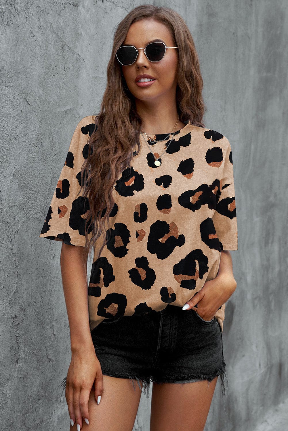 Trendsi Camel / S Animal Print Dropped Shoulder Round Neck T-Shirt