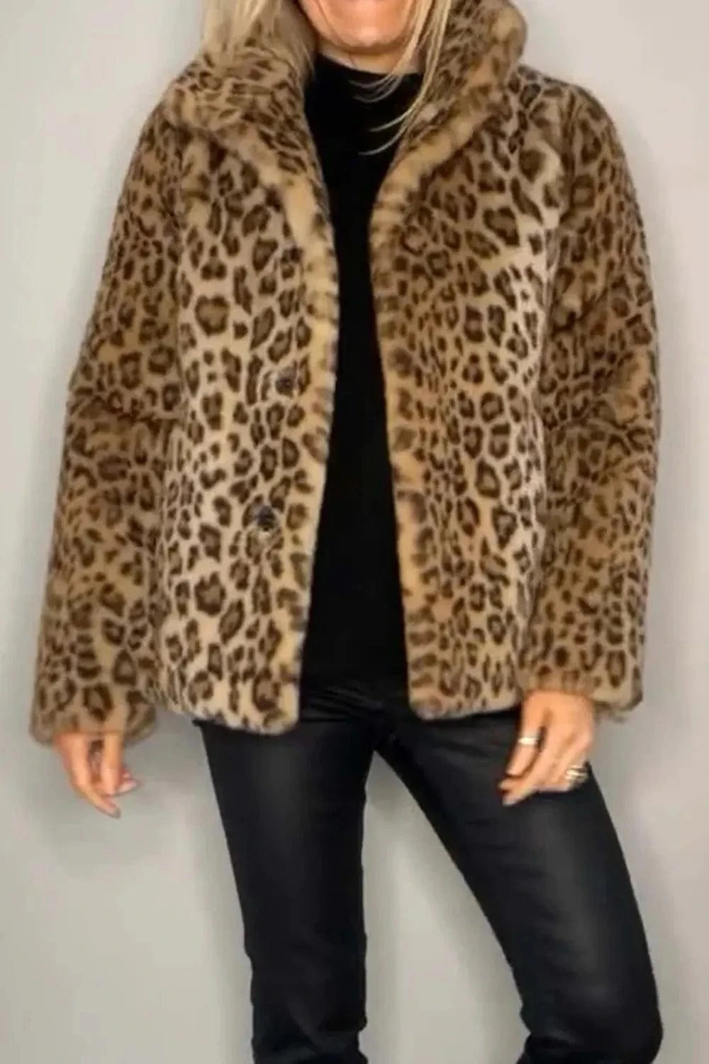 Trendsi Camel / S Full Size Leopard Furry Collared Neck Long Sleeve Coat