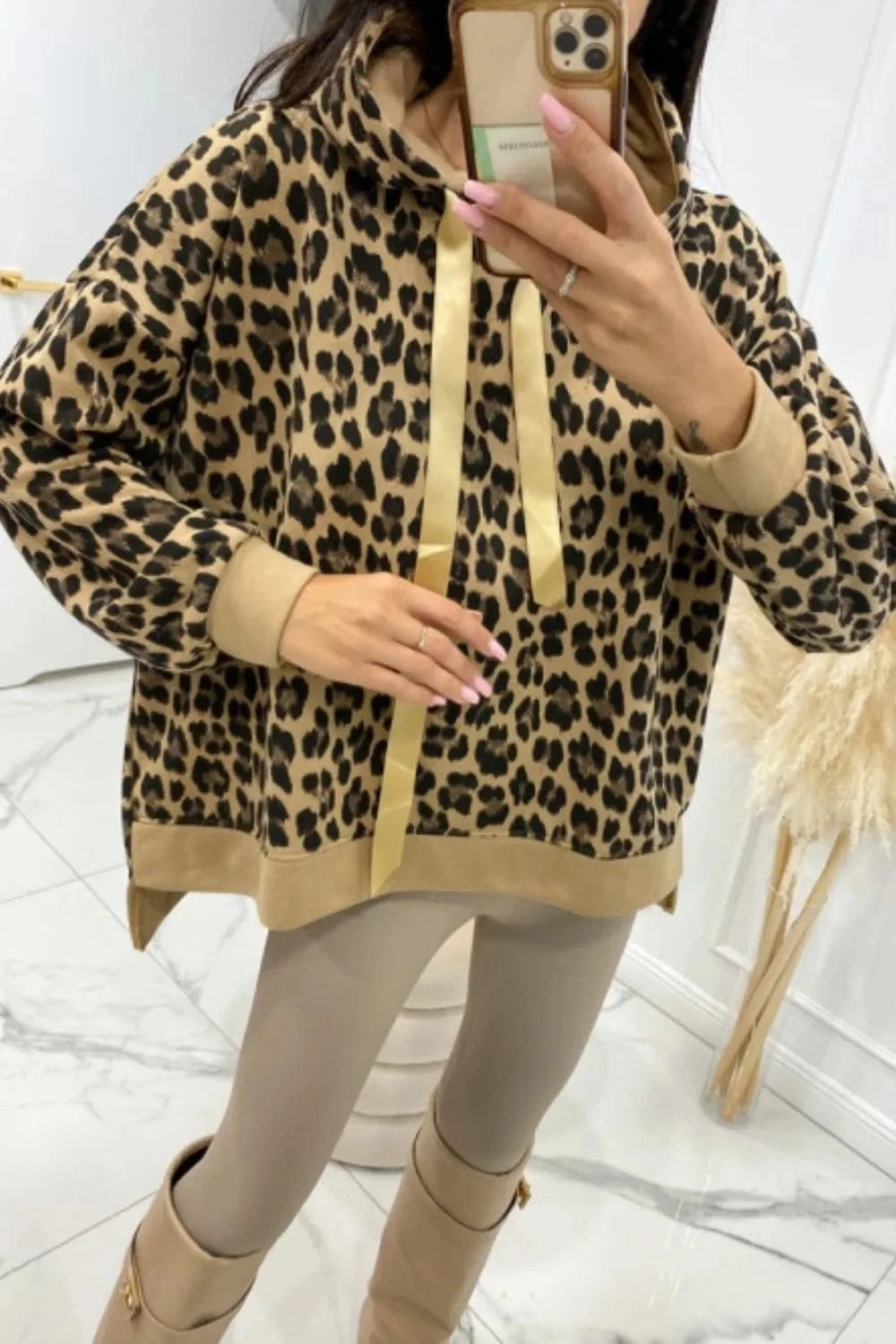 Trendsi Camel / S Leopard Dropped Shoulder Hoodie