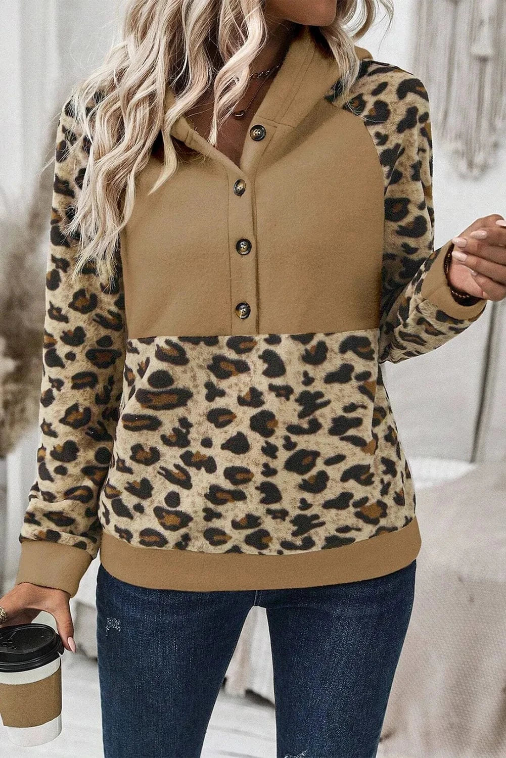 Trendsi Camel / S Leopard Half Button Long Sleeve Hoodie