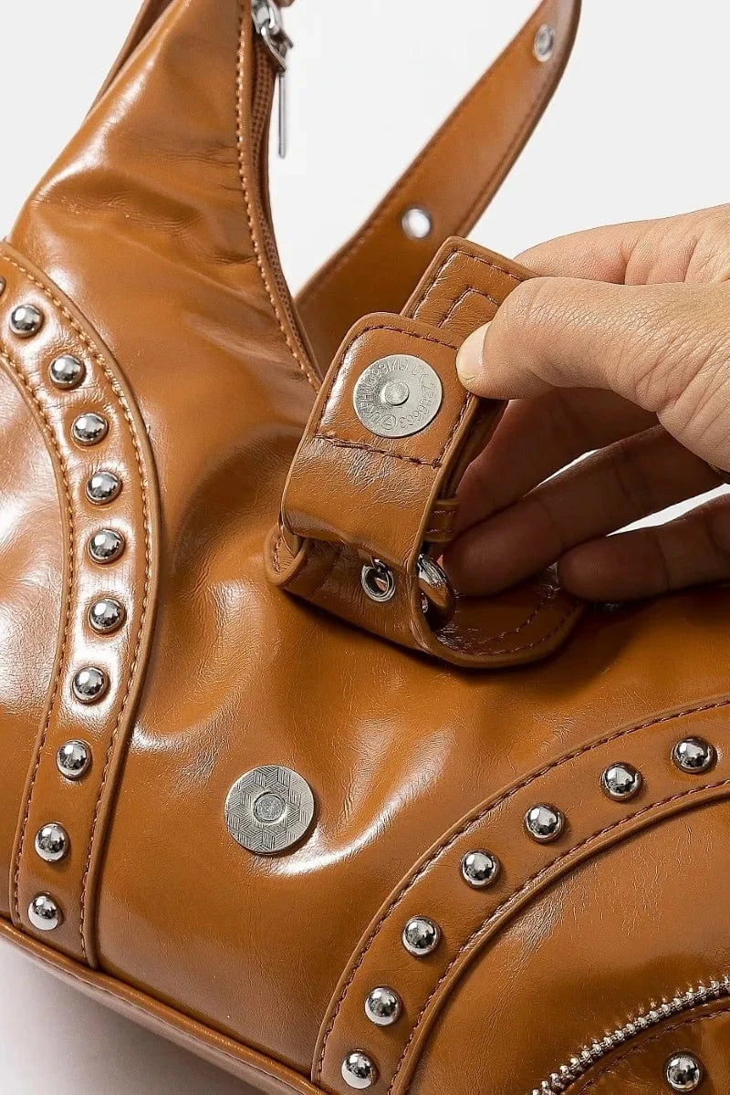 Trendsi Caramel / One Size Fame Faux Leather Studded Trim Shoulder Bag