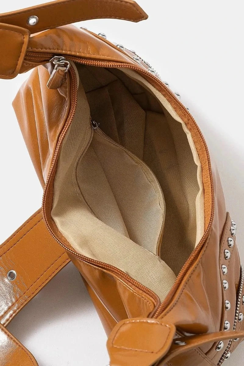 Trendsi Caramel / One Size Fame Faux Leather Studded Trim Shoulder Bag
