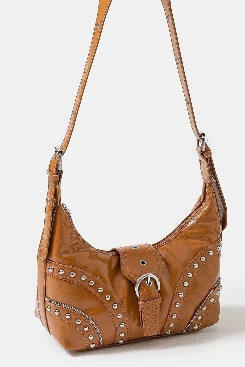 Trendsi Caramel / One Size Fame Faux Leather Studded Trim Shoulder Bag