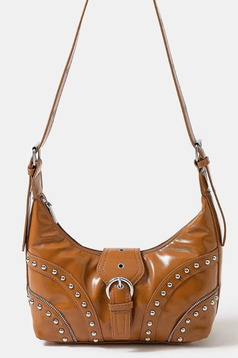 Trendsi Caramel / One Size Fame Faux Leather Studded Trim Shoulder Bag