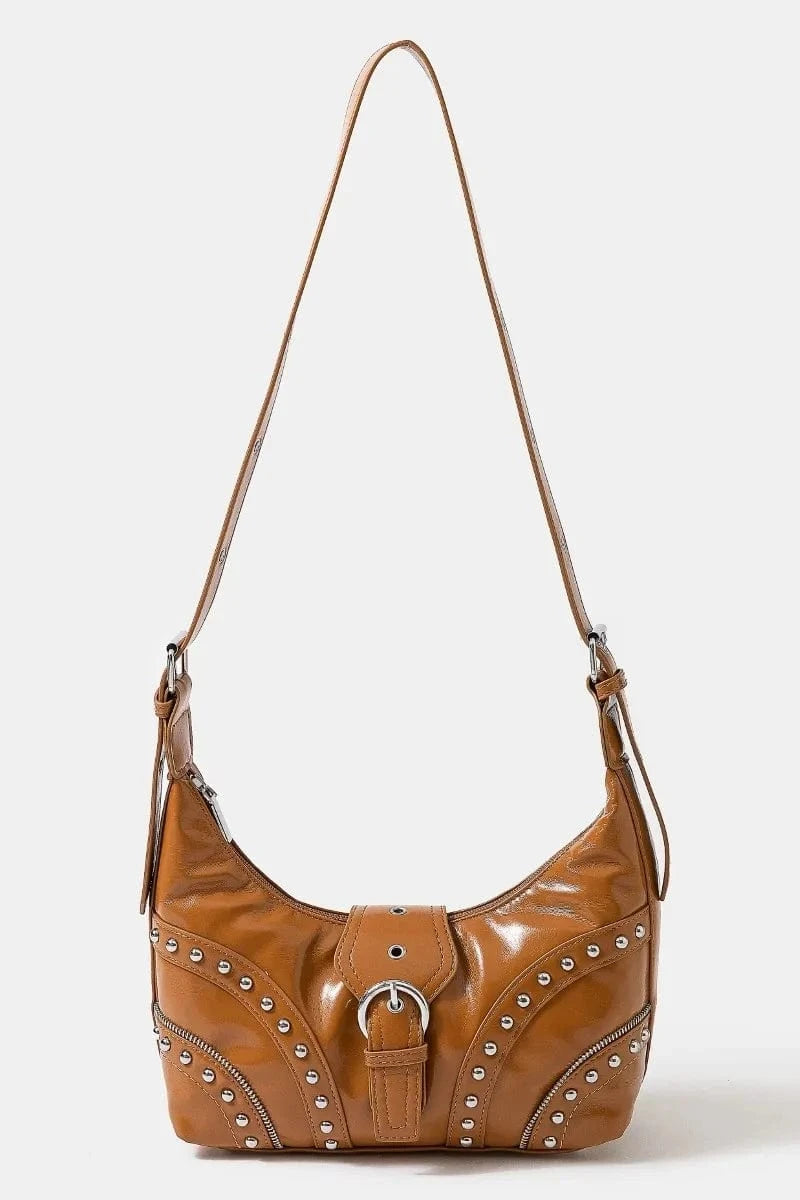 Trendsi Caramel / One Size Fame Faux Leather Studded Trim Shoulder Bag
