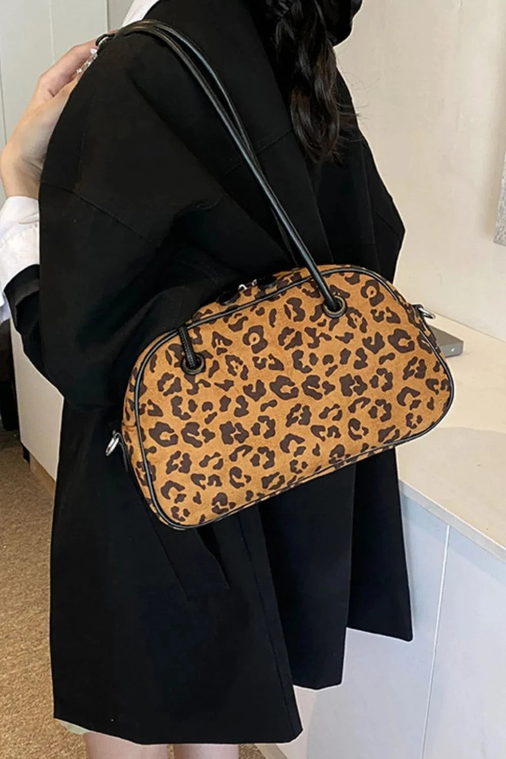Trendsi Caramel / One Size Leopard Suede Medium Shoulder Bag