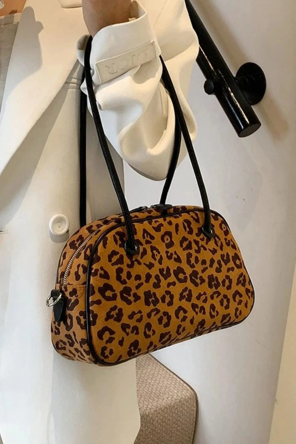 Trendsi Caramel / One Size Leopard Suede Medium Shoulder Bag