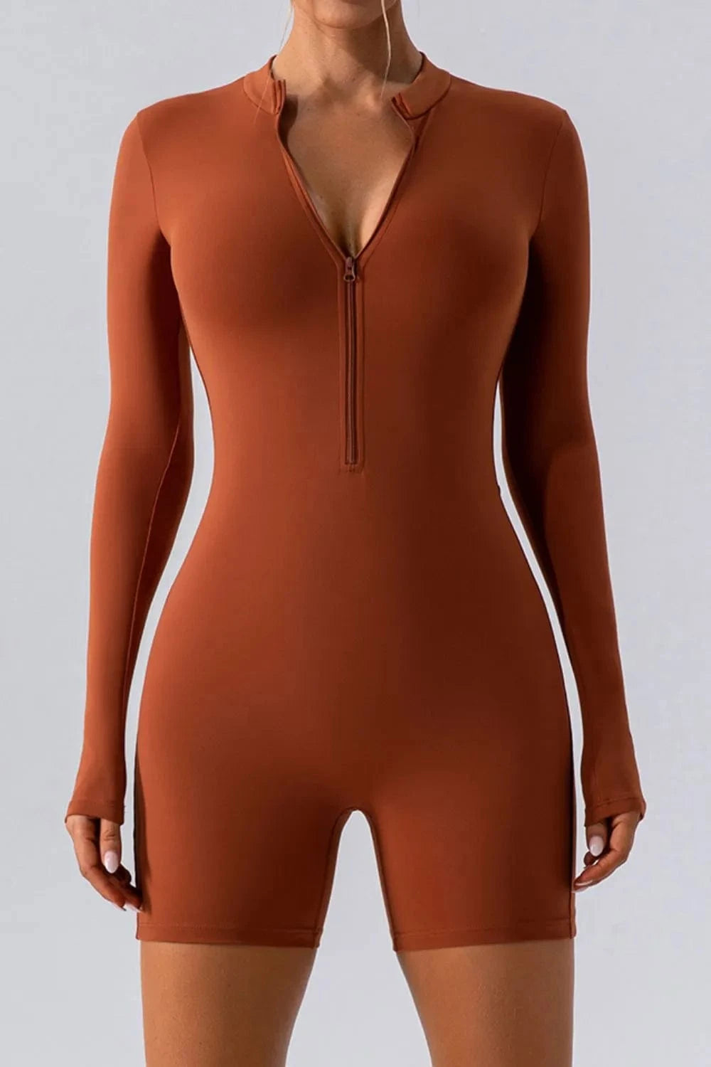 Trendsi Caramel / S Half Zip Long Sleeve Active Romper