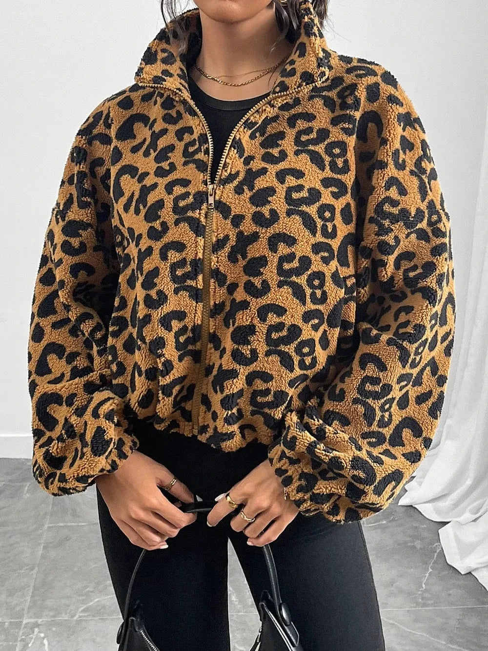 Trendsi Caramel / S Leopard Zip Up Long Sleeve Jacket