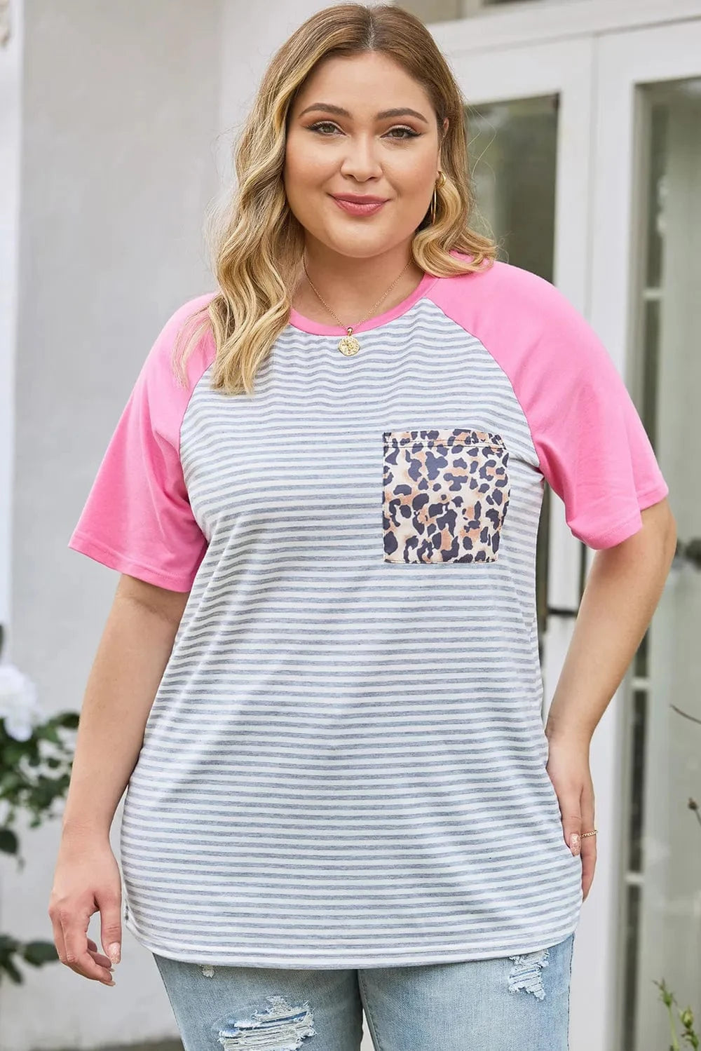Trendsi Carnation Pink / 1XL Plus Size Striped Leopard Round Neck T-Shirt