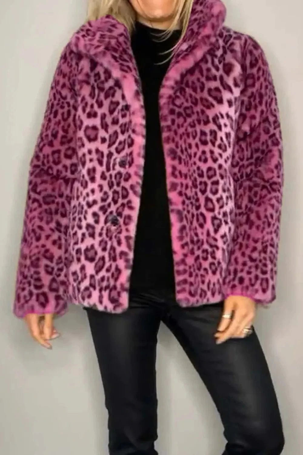 Trendsi Cerise / S Full Size Leopard Furry Collared Neck Long Sleeve Coat