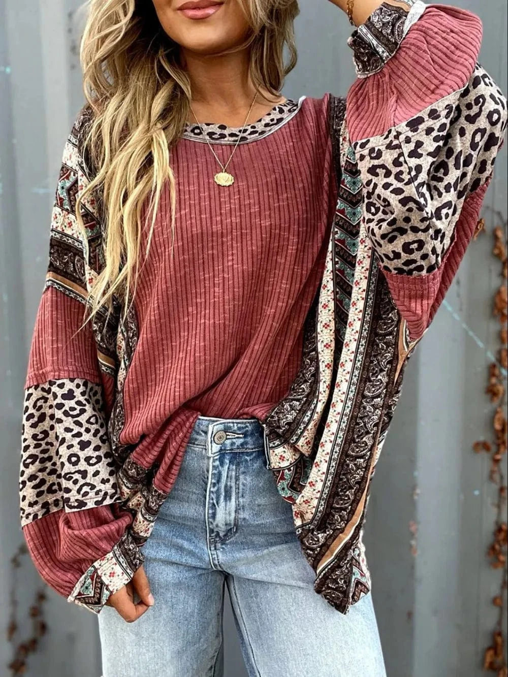 Trendsi Cerise / S Leopard Round Neck Long Sleeve Sweatshirt