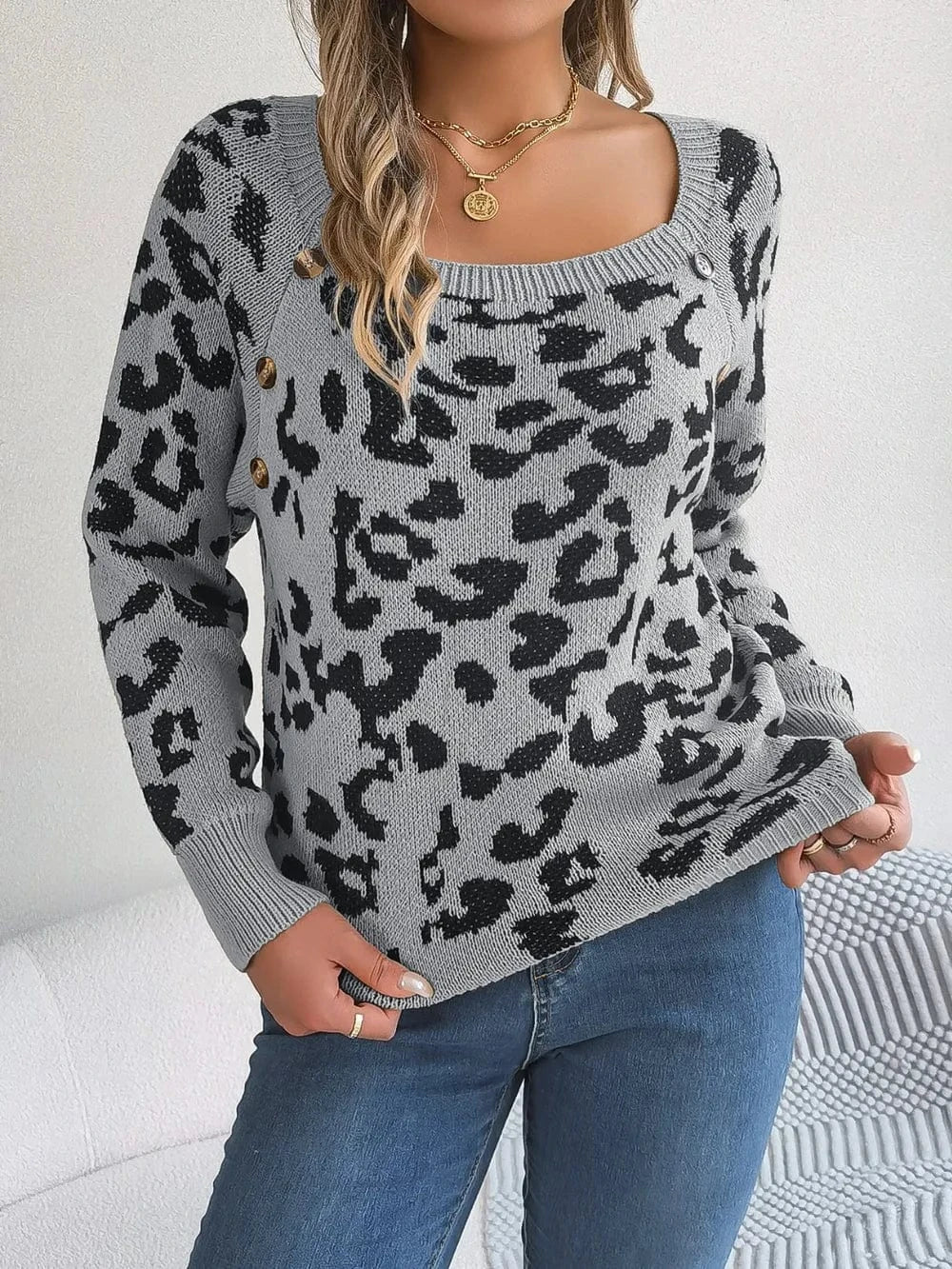 Trendsi Charcoal / S Leopard Buttoned Square Neck Sweater