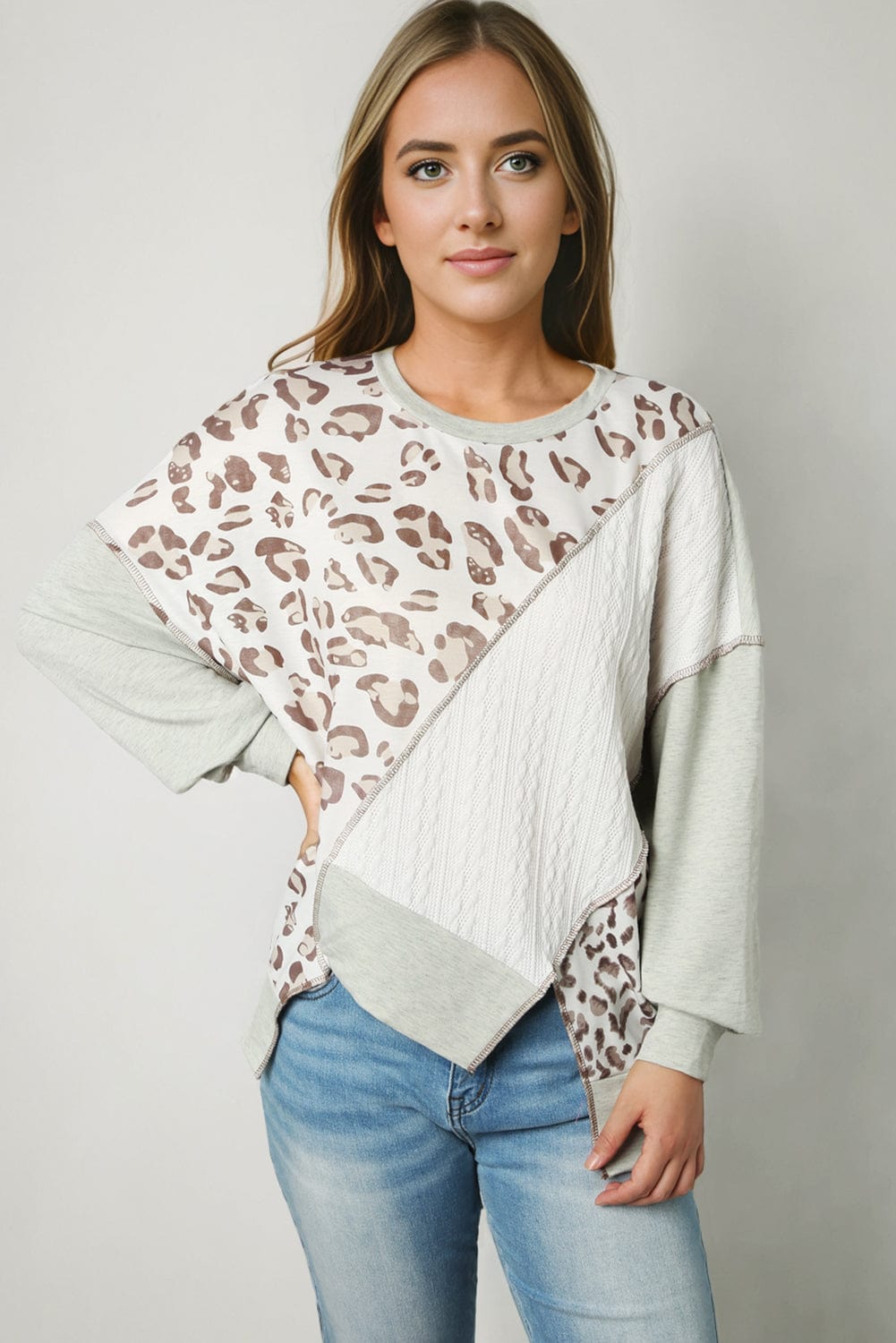 Trendsi Charcoal / S Leopard Exposed Seams Round Neck Sweatshirt