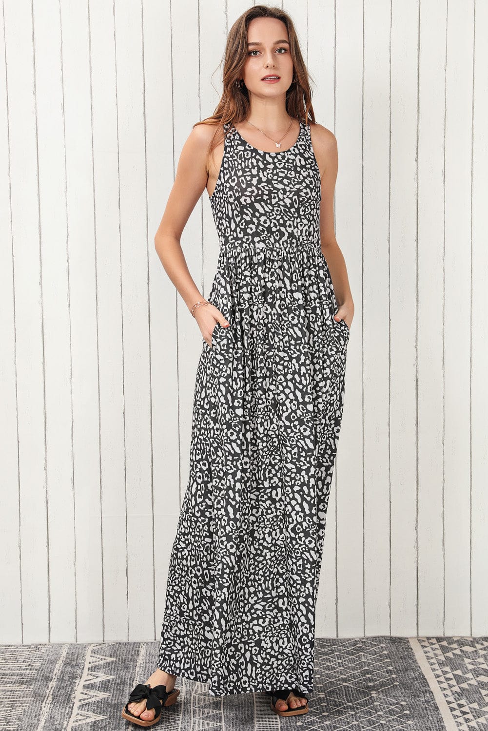 Trendsi Charcoal / S Leopard Round Neck Sleeveless Maxi Dress
