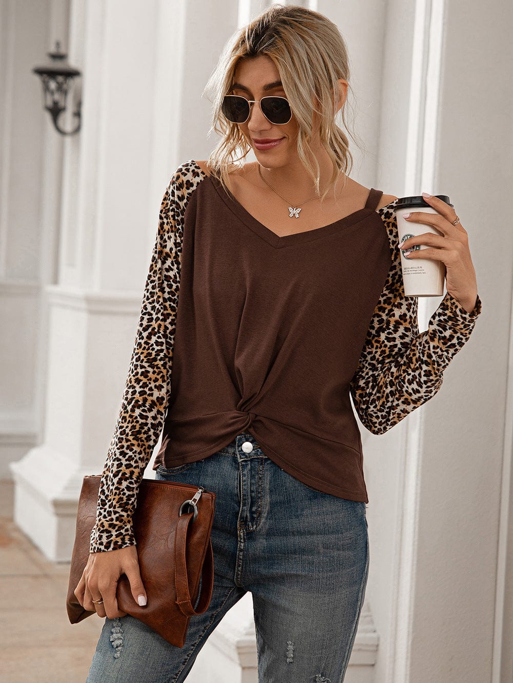 Trendsi Chestnut / S Ivy Lane Leopard Twist Front Cold-Shoulder Tee