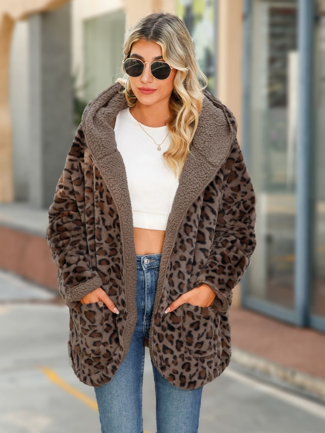 Trendsi Chestnut / S Leopard Hooded Coat with Pockets