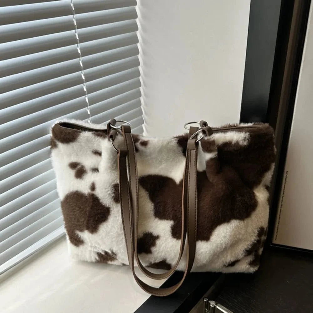 Trendsi Chocolate / One Size Cow Print Furry Tote Bag