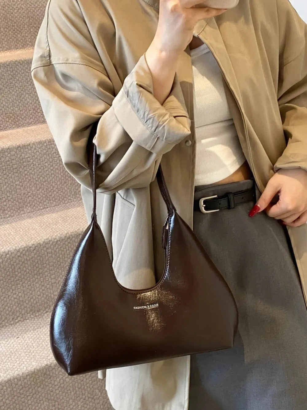 Trendsi Chocolate / One Size PU Leather Shoulder Bag