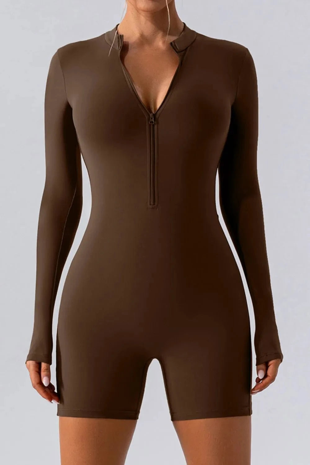 Trendsi Chocolate / S Half Zip Long Sleeve Active Romper