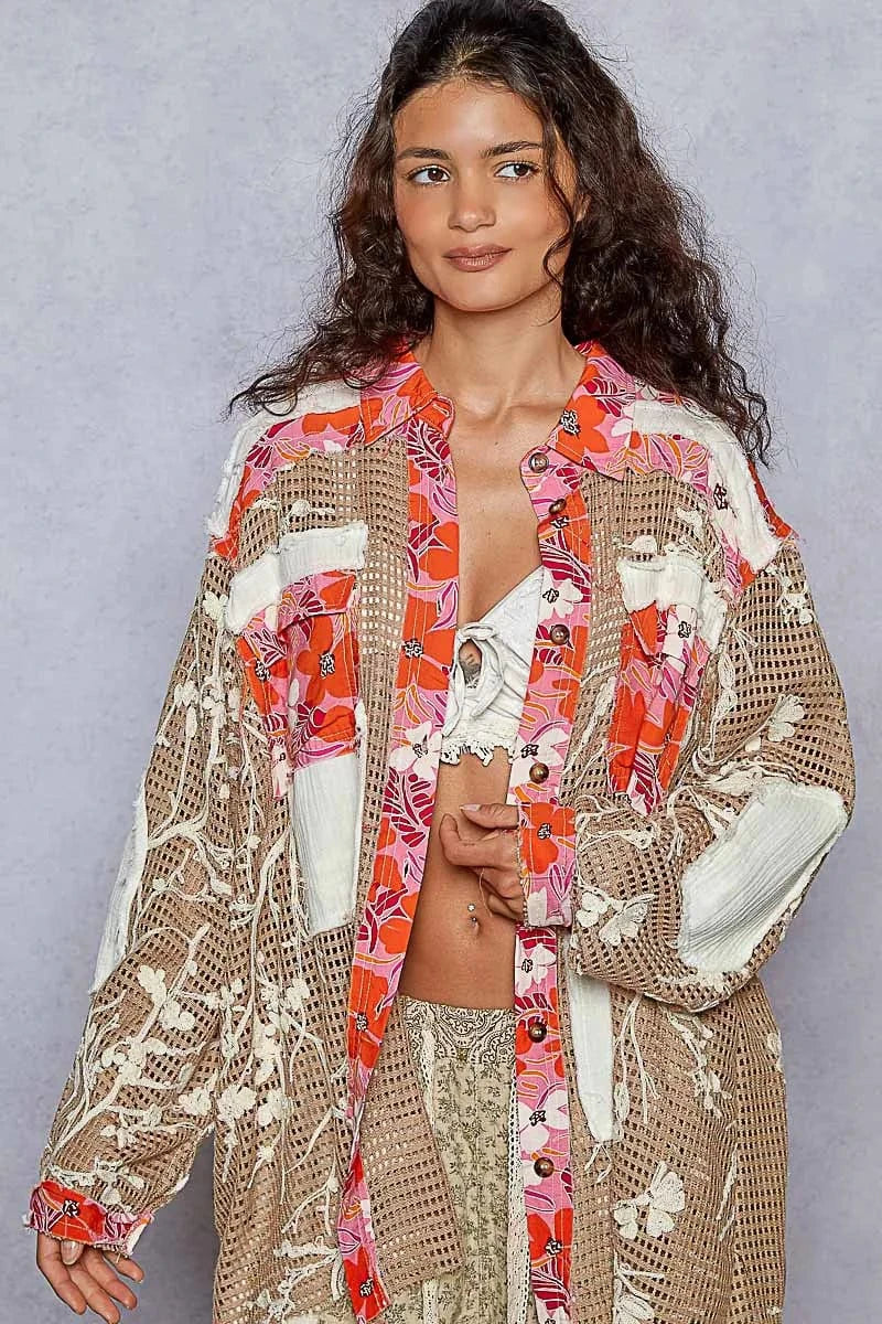 Trendsi CHOCOLATE / S POL Floral Print Crochet Button Up Shirt
