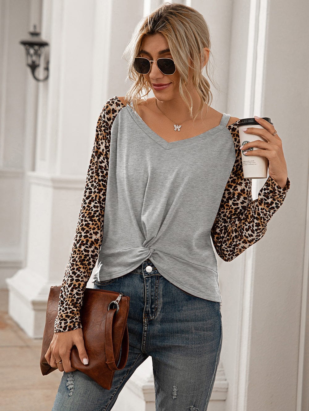 Trendsi Cloudy Blue / S Ivy Lane Leopard Twist Front Cold-Shoulder Tee