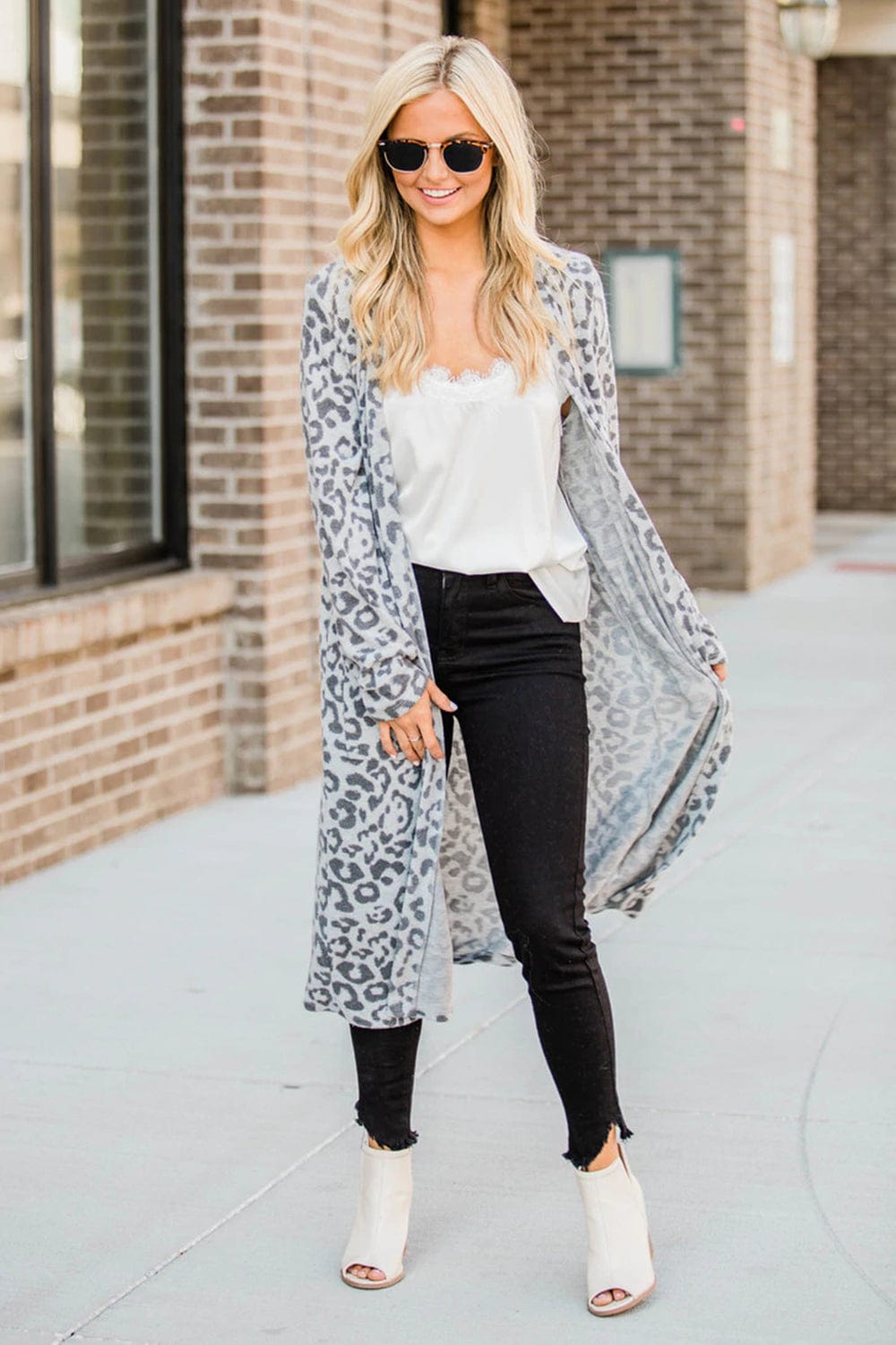 Trendsi Cloudy Blue / S Open Front Leopard Cardigan