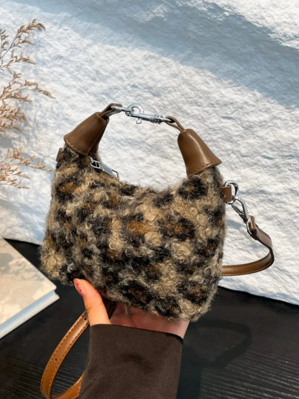 Trendsi Coffee Brown / One Size Fuzzy Polyester Mini Handbag with Zipper