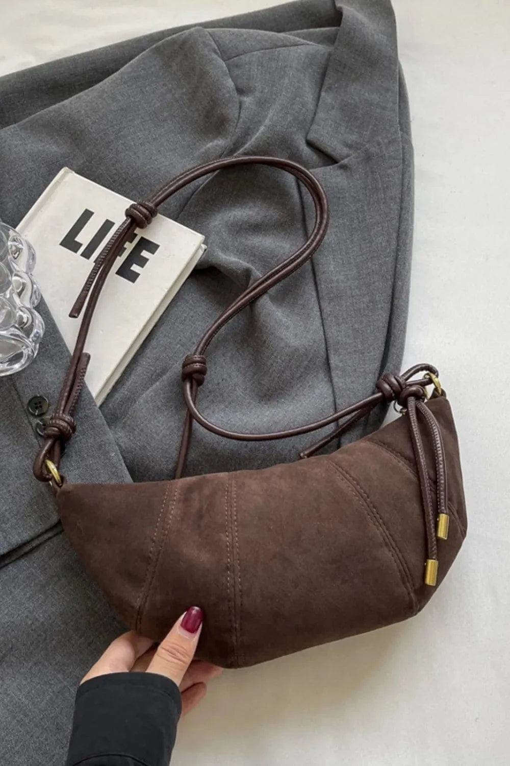 Trendsi Coffee Brown / One Size PU Leather Strap Suede Shoulder Bag