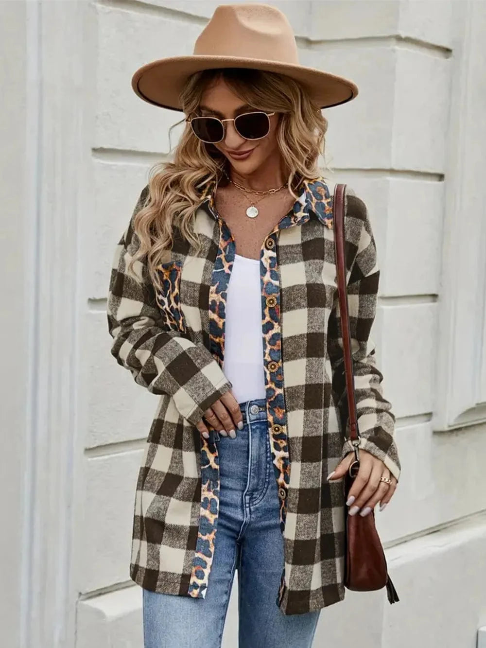 Trendsi Coffee Brown / S Leopard Trim Plaid Collared Neck Long Sleeve Shirt