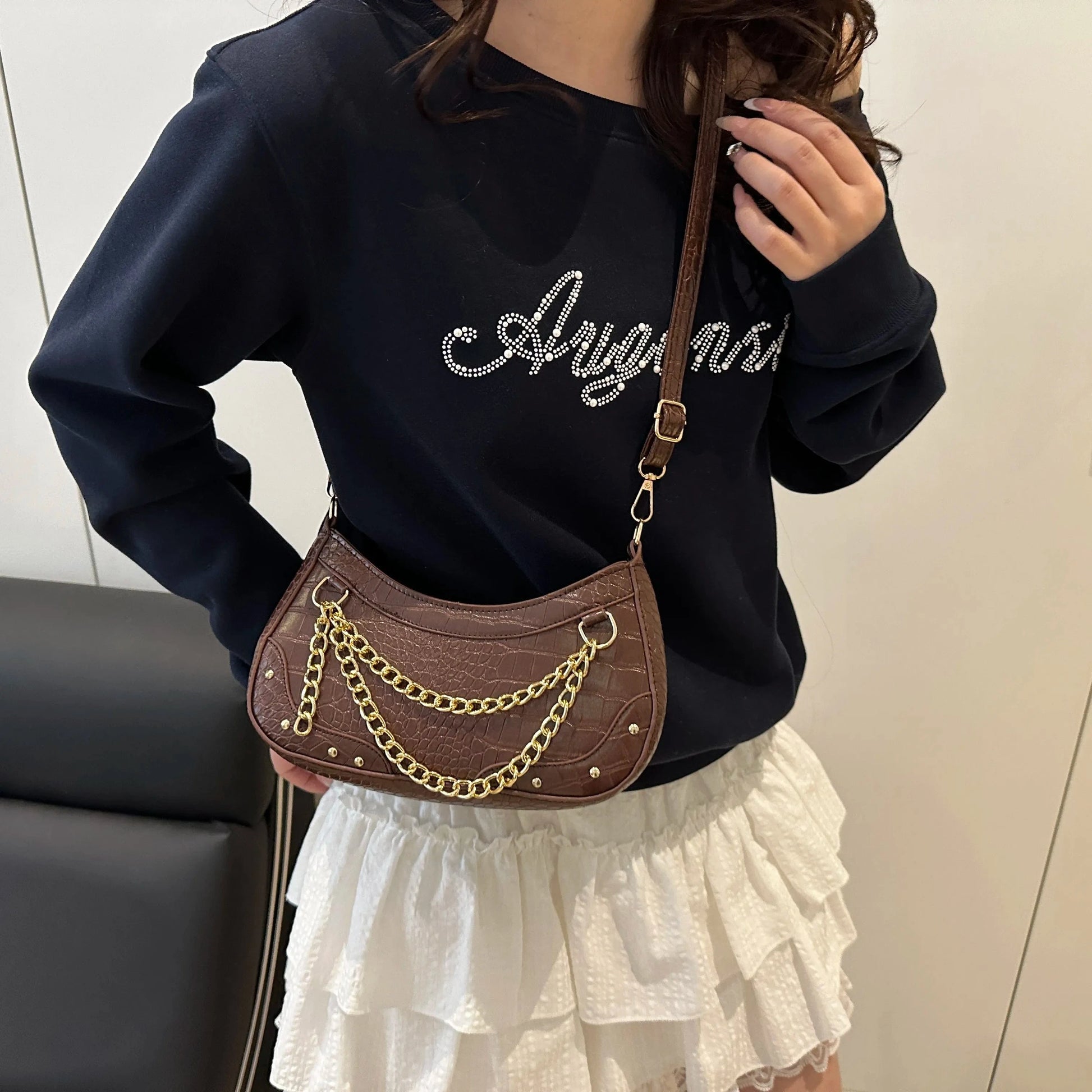 Trendsi Coffee / onesize Chain-Embellished Shoulder Bag