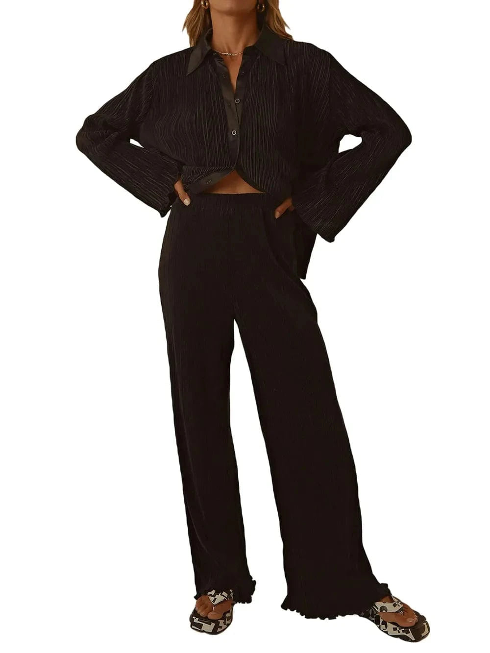 Trendsi Collared Neck Long Sleeve Top and Pants Lounge Set