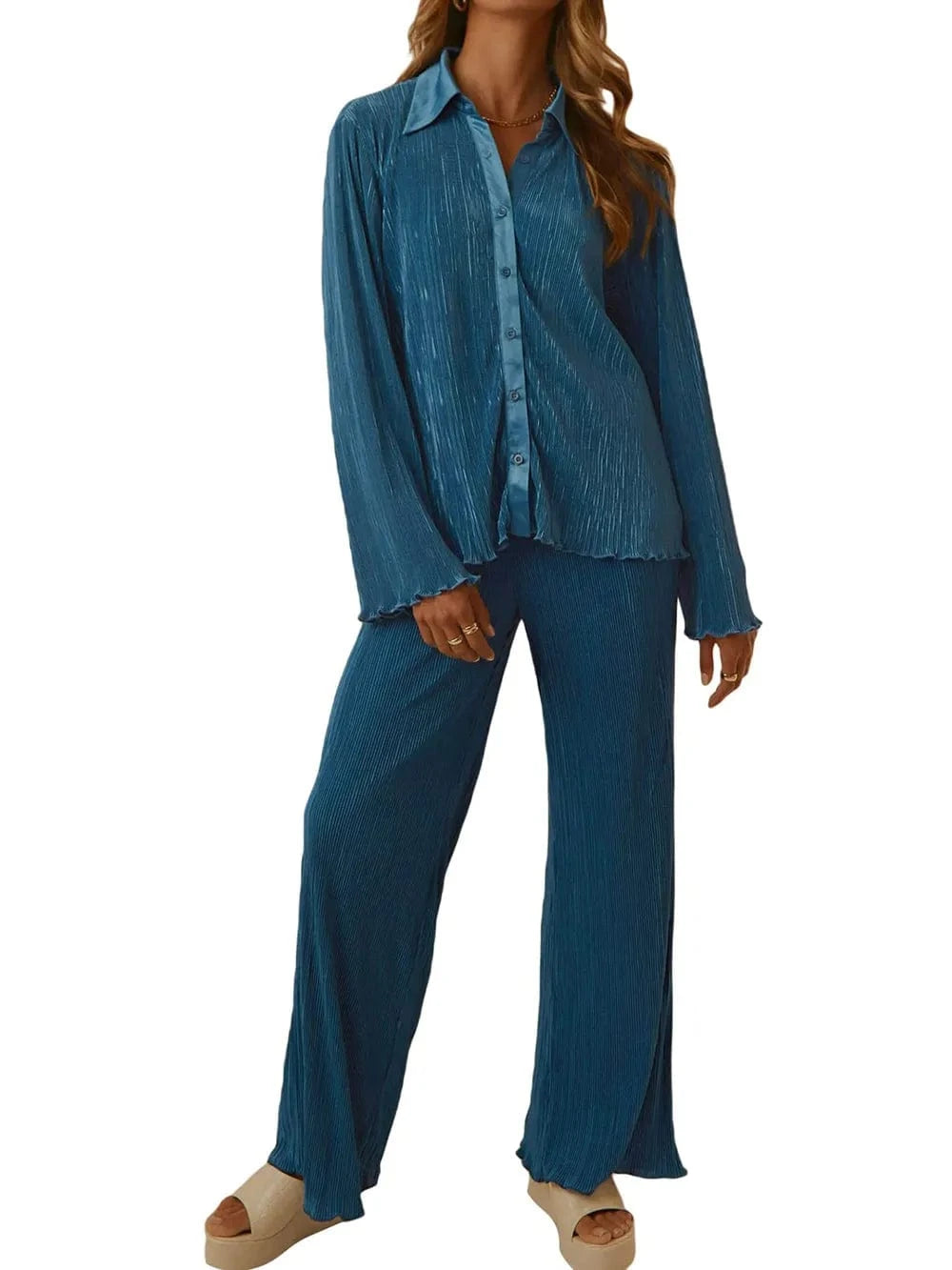 Trendsi Collared Neck Long Sleeve Top and Pants Lounge Set
