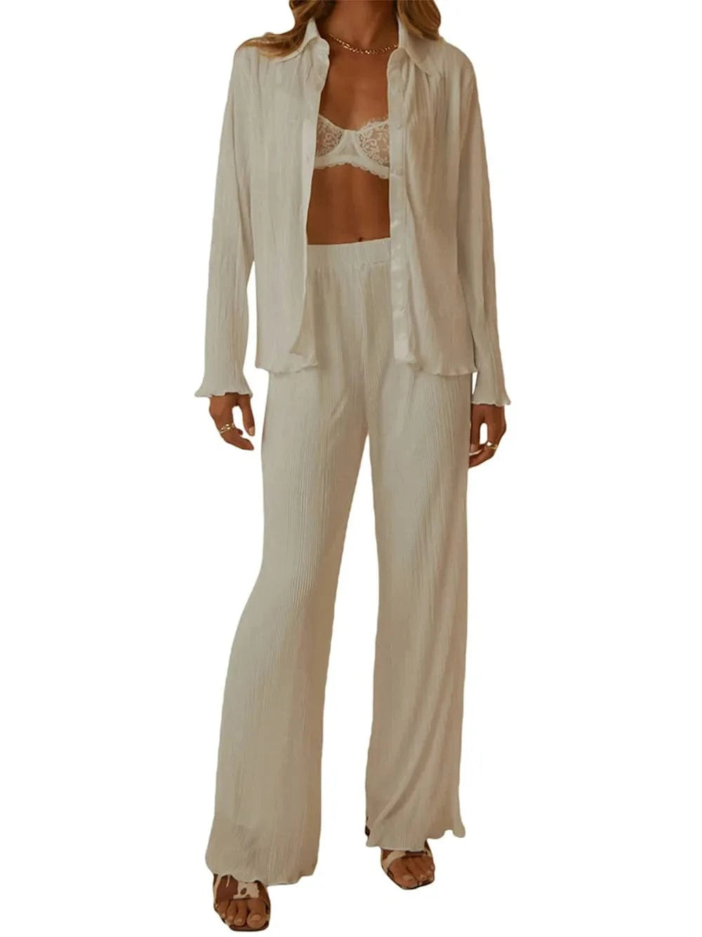 Trendsi Collared Neck Long Sleeve Top and Pants Lounge Set