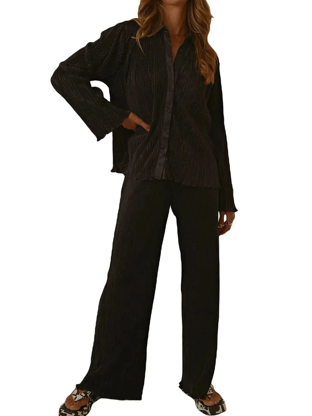 Trendsi Collared Neck Long Sleeve Top and Pants Lounge Set