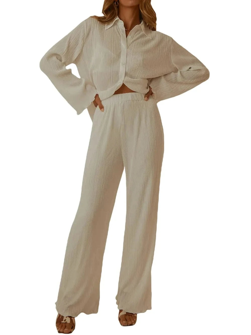 Trendsi Collared Neck Long Sleeve Top and Pants Lounge Set