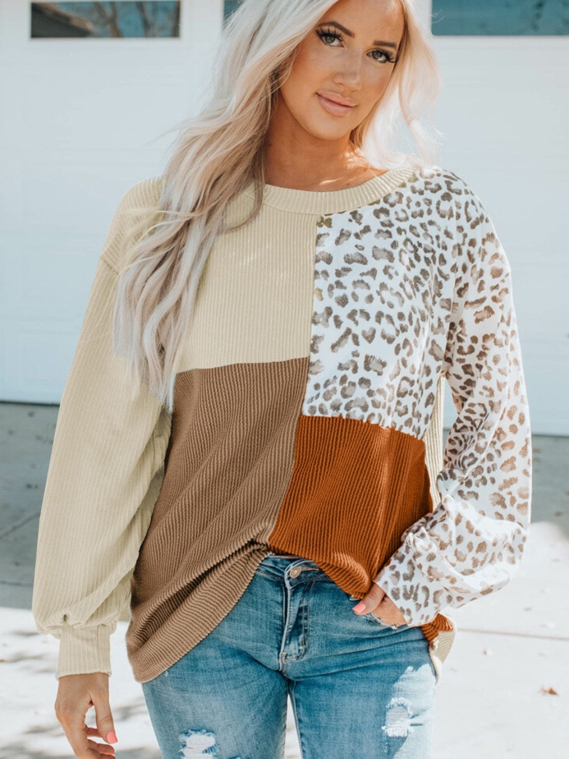 Trendsi Color Block Leopard Round Neck Sweatshirt