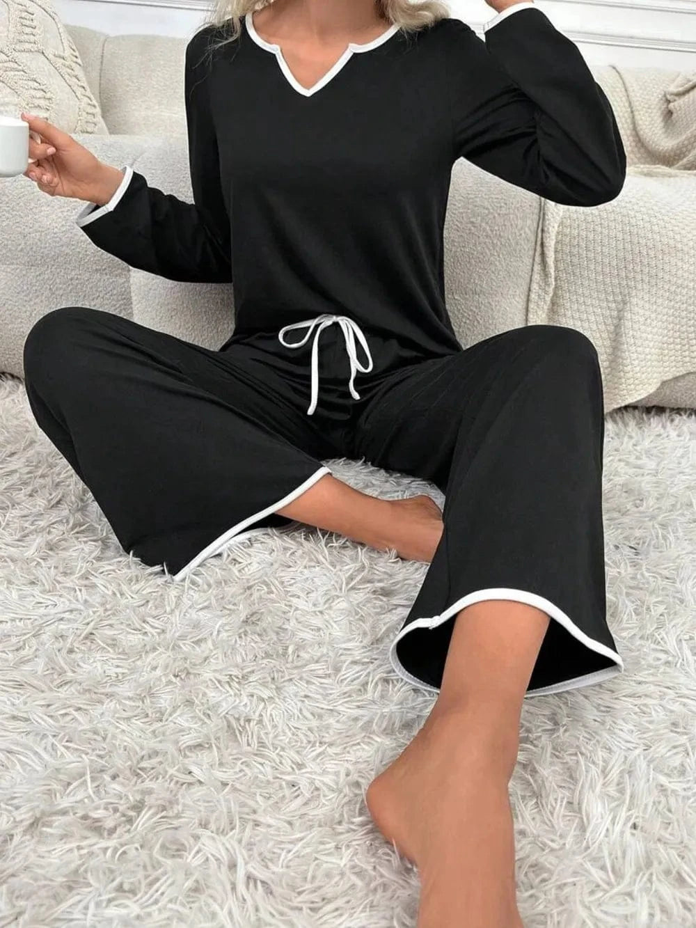Trendsi Contrast Trim Notched Long Sleeve Top and Pants Lounge Set