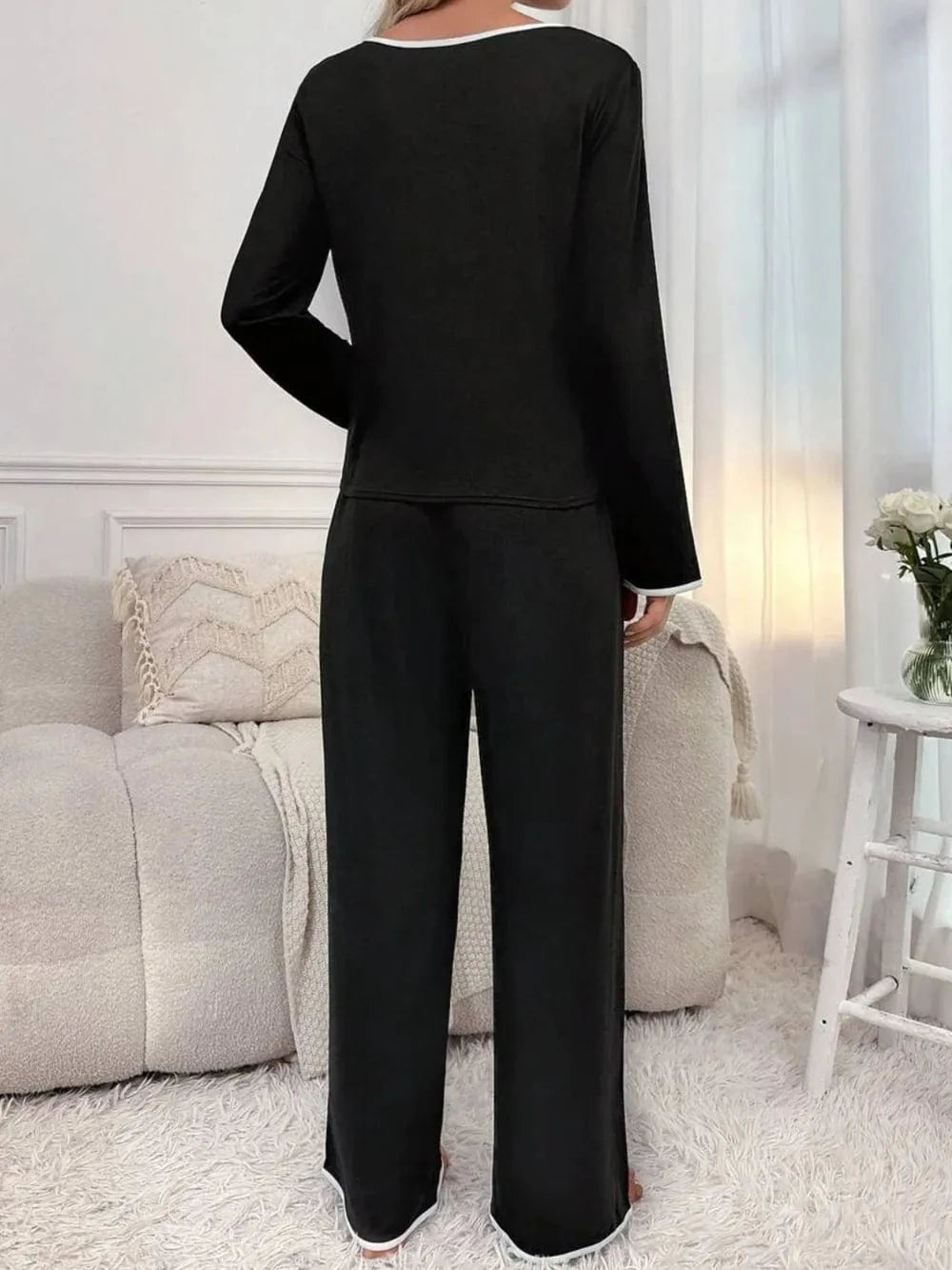 Trendsi Contrast Trim Notched Long Sleeve Top and Pants Lounge Set