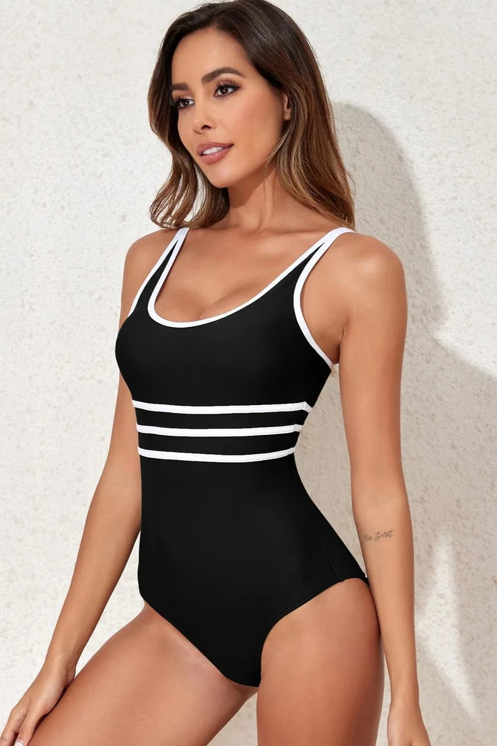 Trendsi Contrast Trim Scoop Neck One-Piece Swimwear