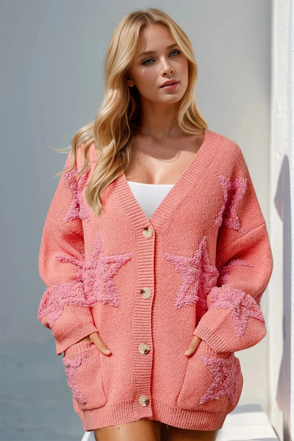 Trendsi Coral / S/M Double Take Full Size Button Up Star Pattern Cardigan