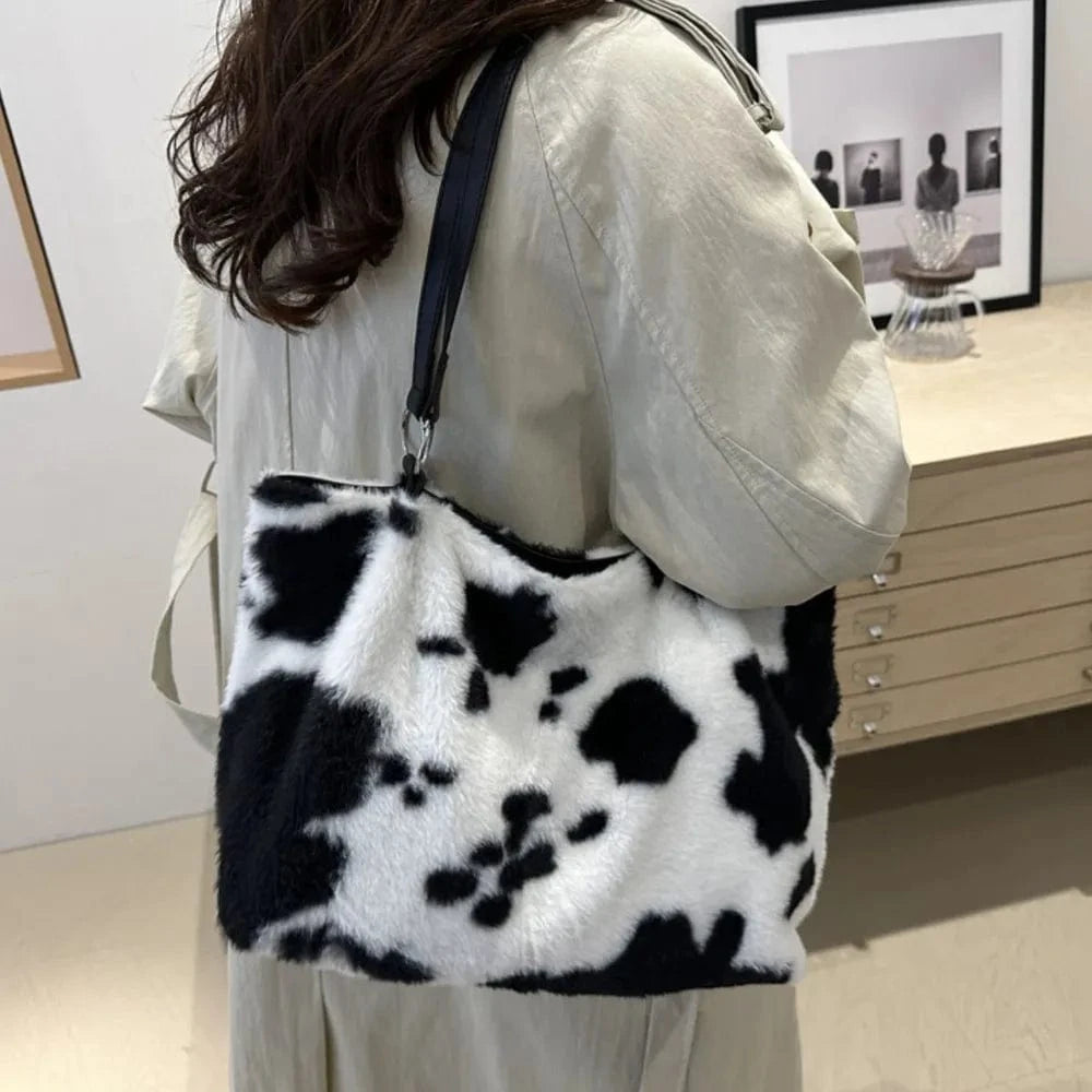 Trendsi Cow Print Furry Tote Bag